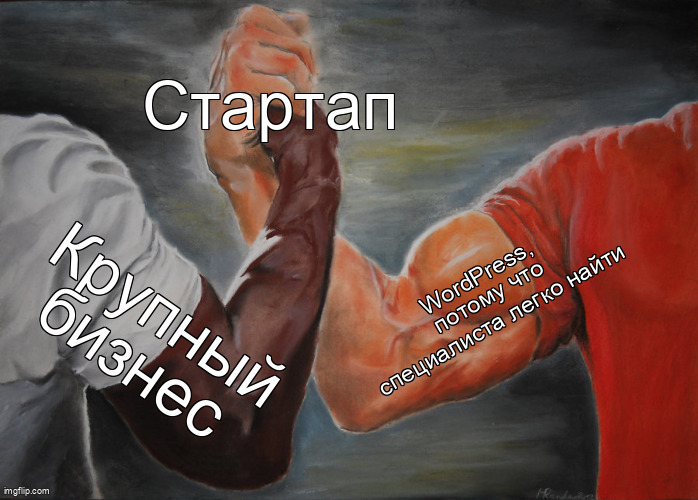 Мем Epic Handshake про выбор WordPress стартапом и крупным бизнесом